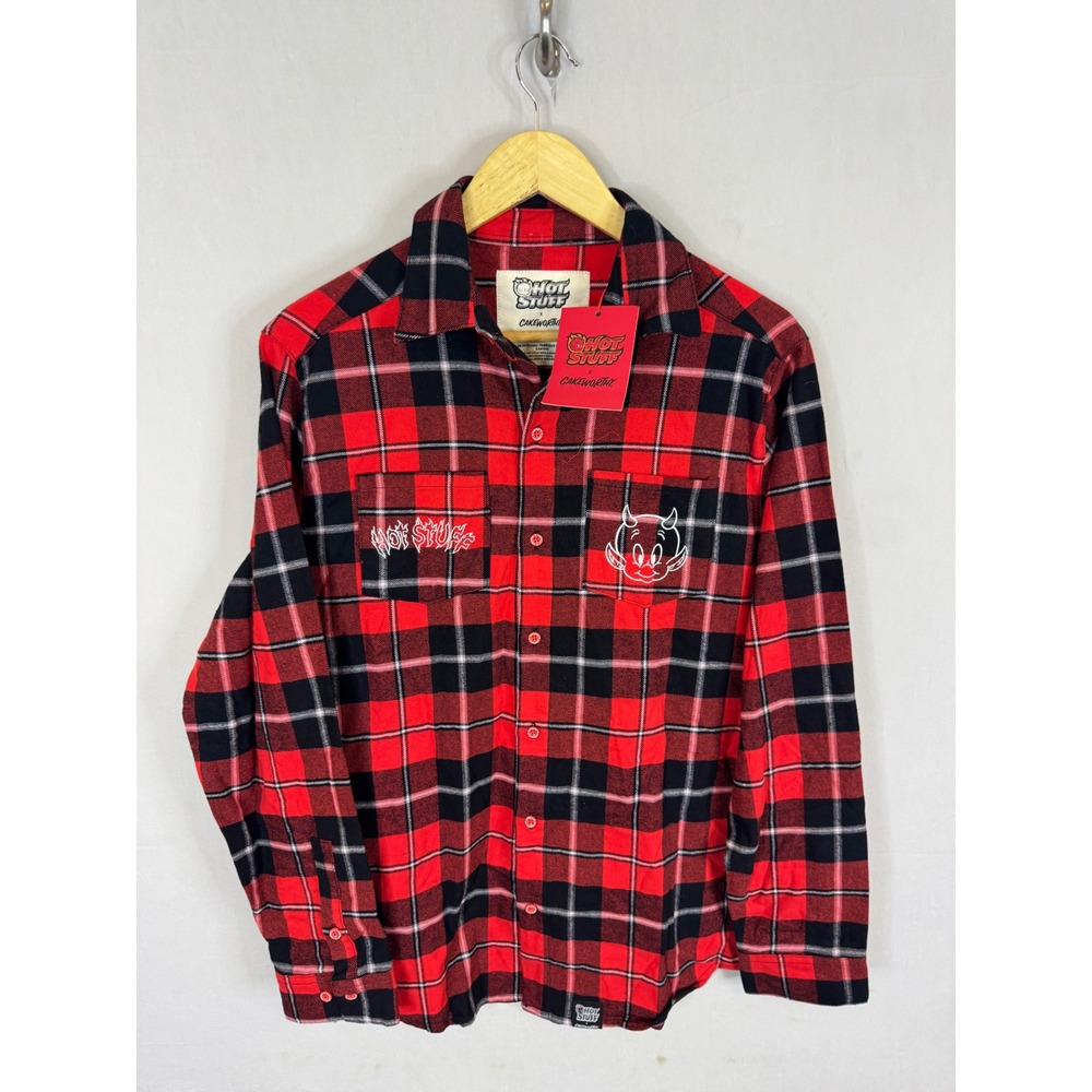 Cakeworthy‎ Hot Stuff The Little Devil Plaid Flannel Shirt Red Black Mens M NEW